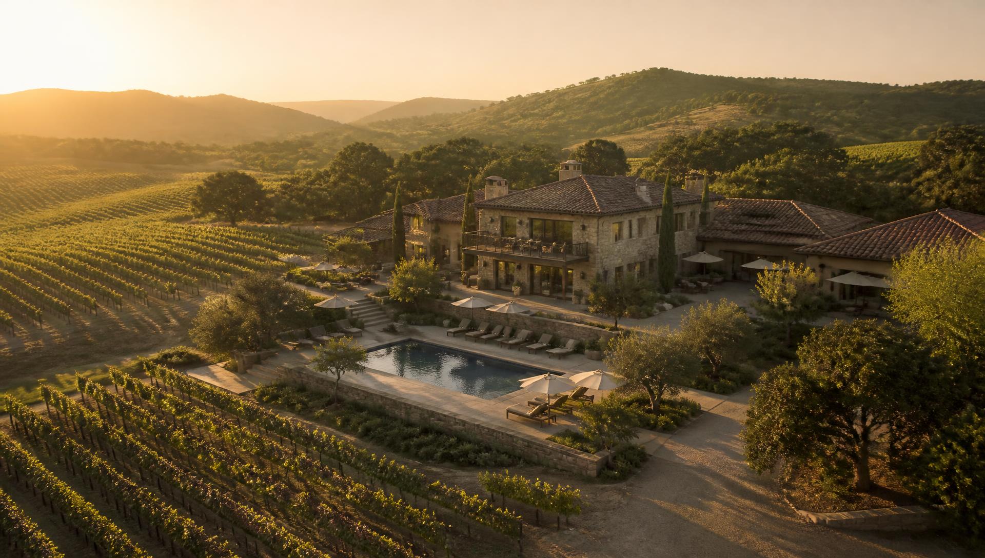Private estate grounds in Healdsburg, California at golden hour